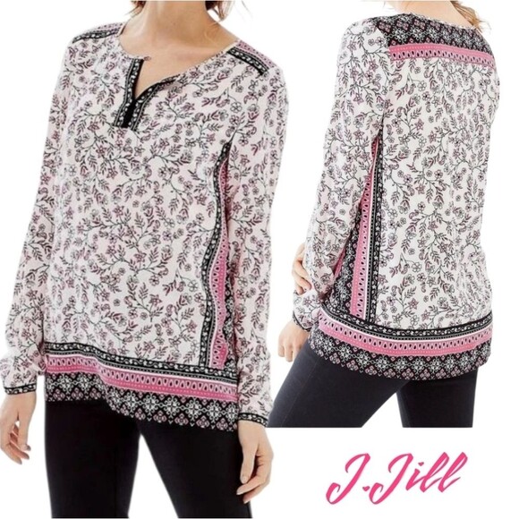 J. Jill Tops - J. Jill Women Tunic Blouse Round-Split Neck Floral White Pink Long Sleeve Size M